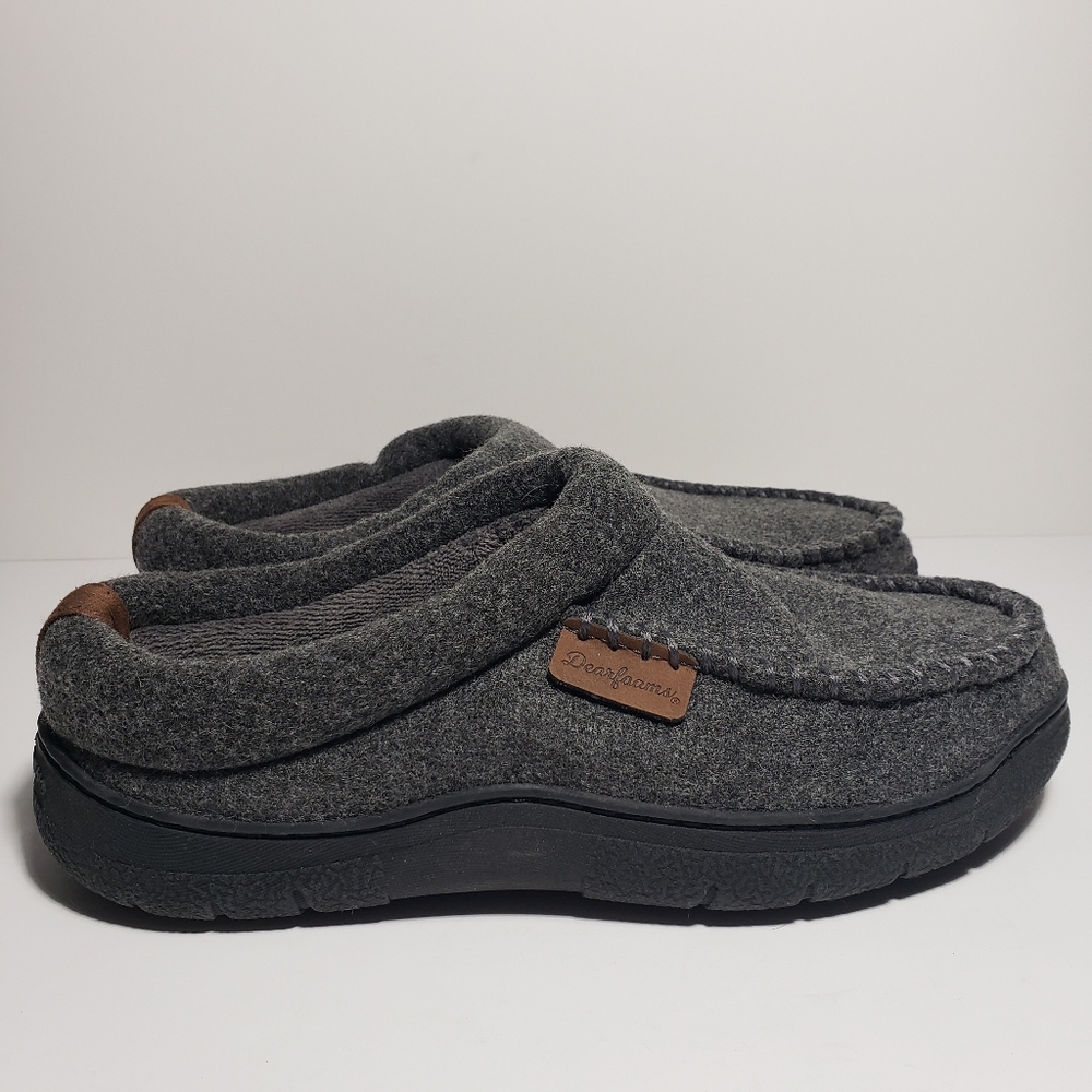 Dearfoams Men's Dark Heather Gray Wool Memory Foam No Sweat Slip On Slippers.